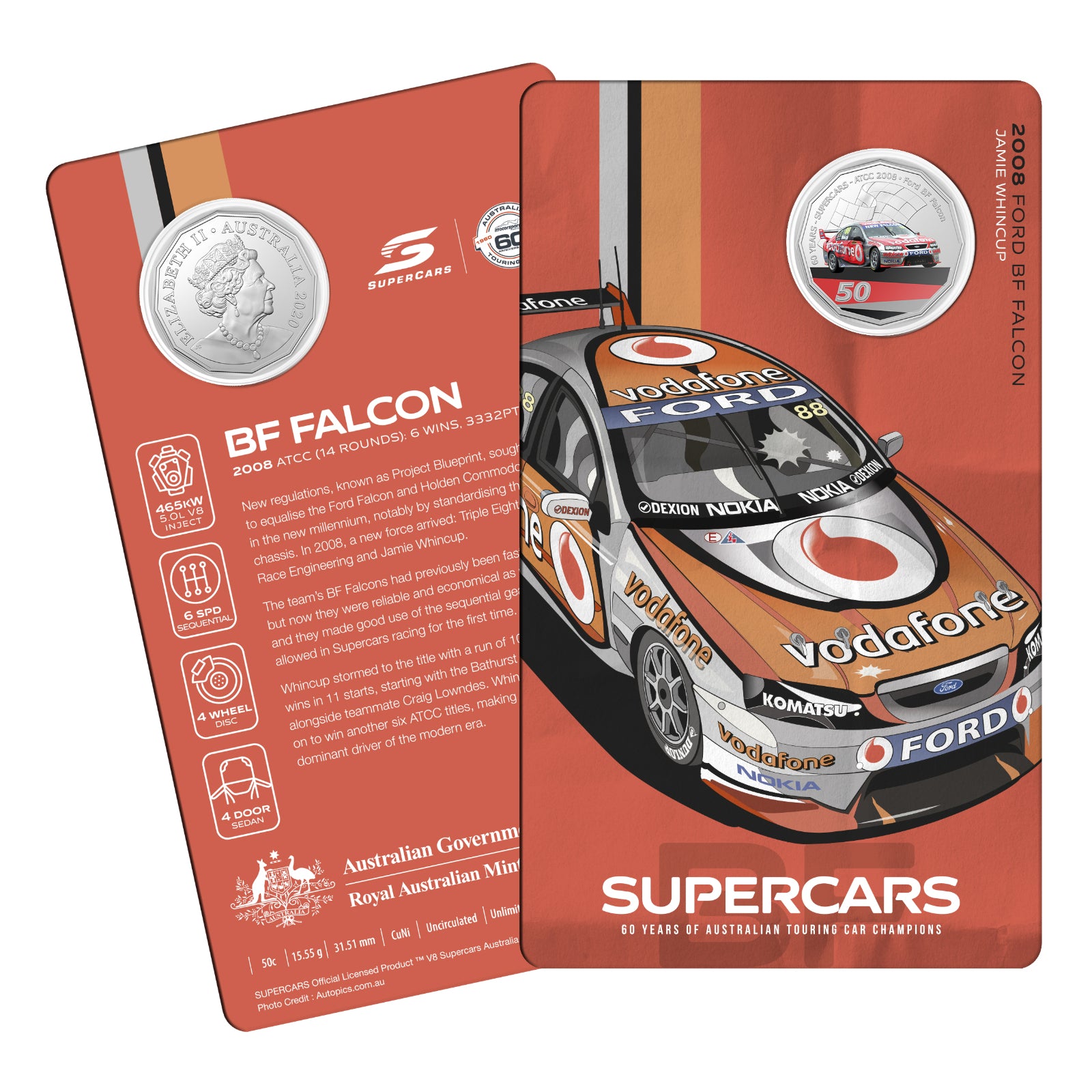 2020 50c CuNi Uncirculated Carded Coin - 60 Years of Supercar Champions Single Coins - Ford BF Falcon